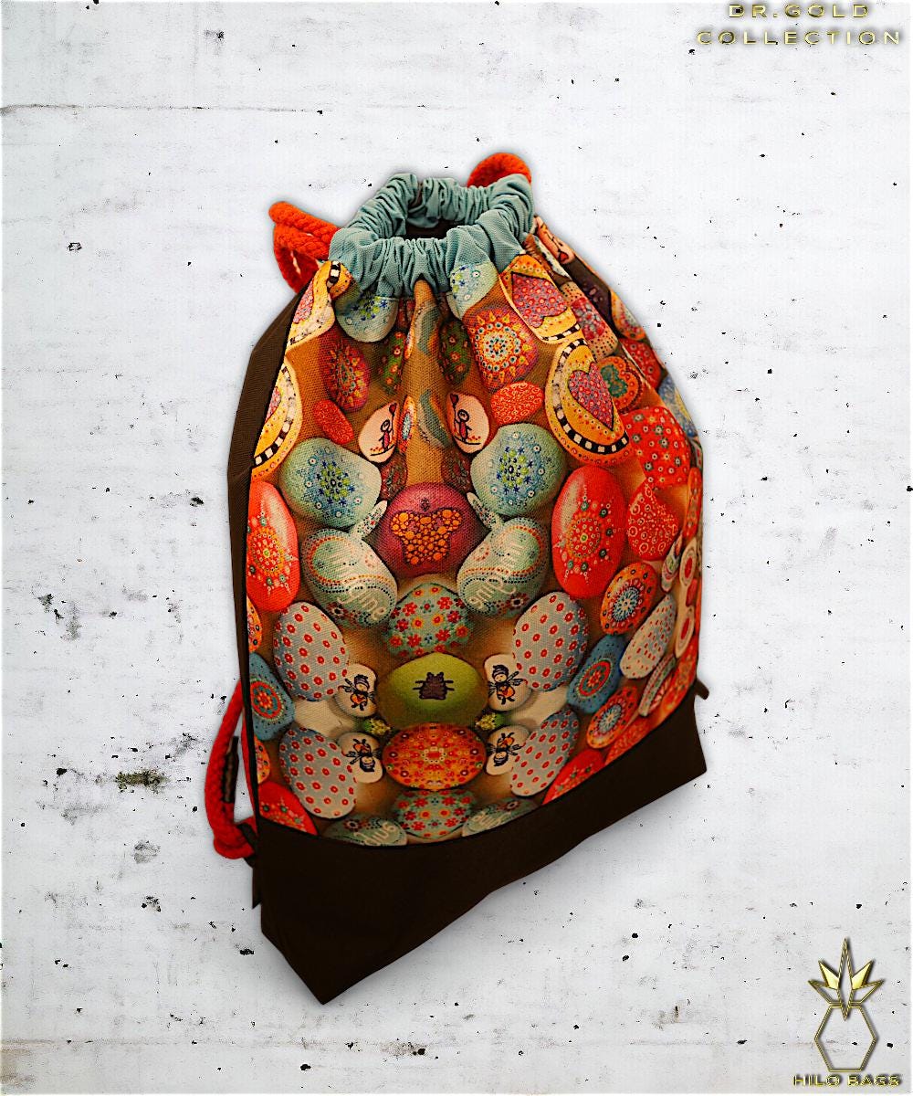 42. DR GOLD – Turnbeutel – einzigartig – Statement – farbenfroh – Gold – Rucksack – künstlerischer Kordelzug – Premium – Designer – Muster – handgemacht